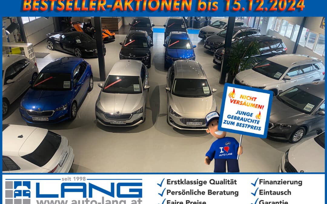 Ein Foto, das Fahrzeuge von mehreren Marken, beispielweise Audi, VW, Seat und Skoda, zeigt. Die Autos stehen in der Halle von Autohaus Lang im Car Center Ilz. Oben auf dem Bild steht in orange-rotem Text "BESTSELLER-Aktion bis 15.12.2024", unter dem Bild sind Kontaktdaten sowie häufige Leistungen von Autohaus Lang aufgezählt.