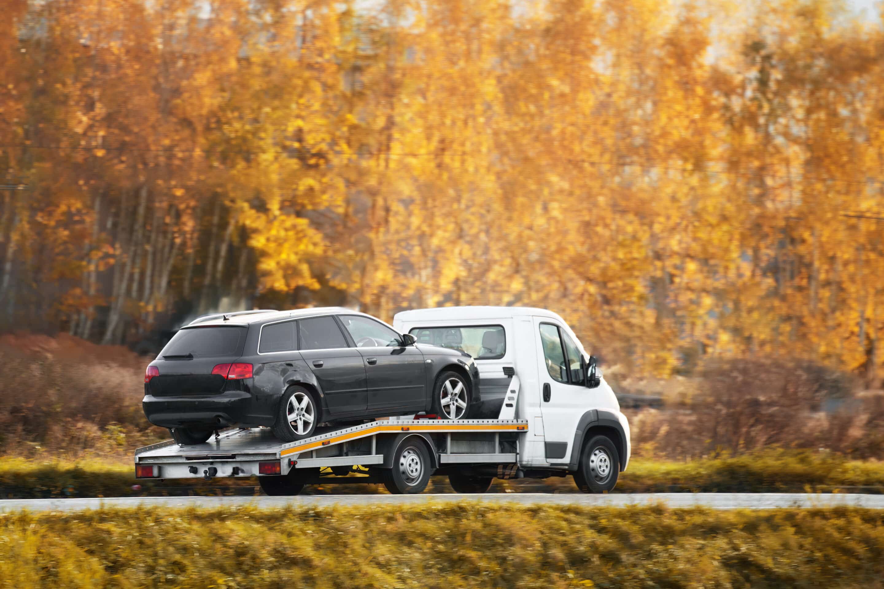 Ein weißer Abschleppwagen transportiert ein schwarzes Fahrzeug 